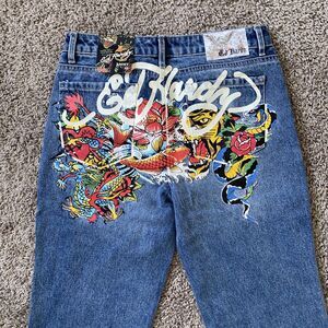 NWT Ed Hardy Multi Tattoo Baggy jean Low Waist Blue Multicolor Women’s Size 28